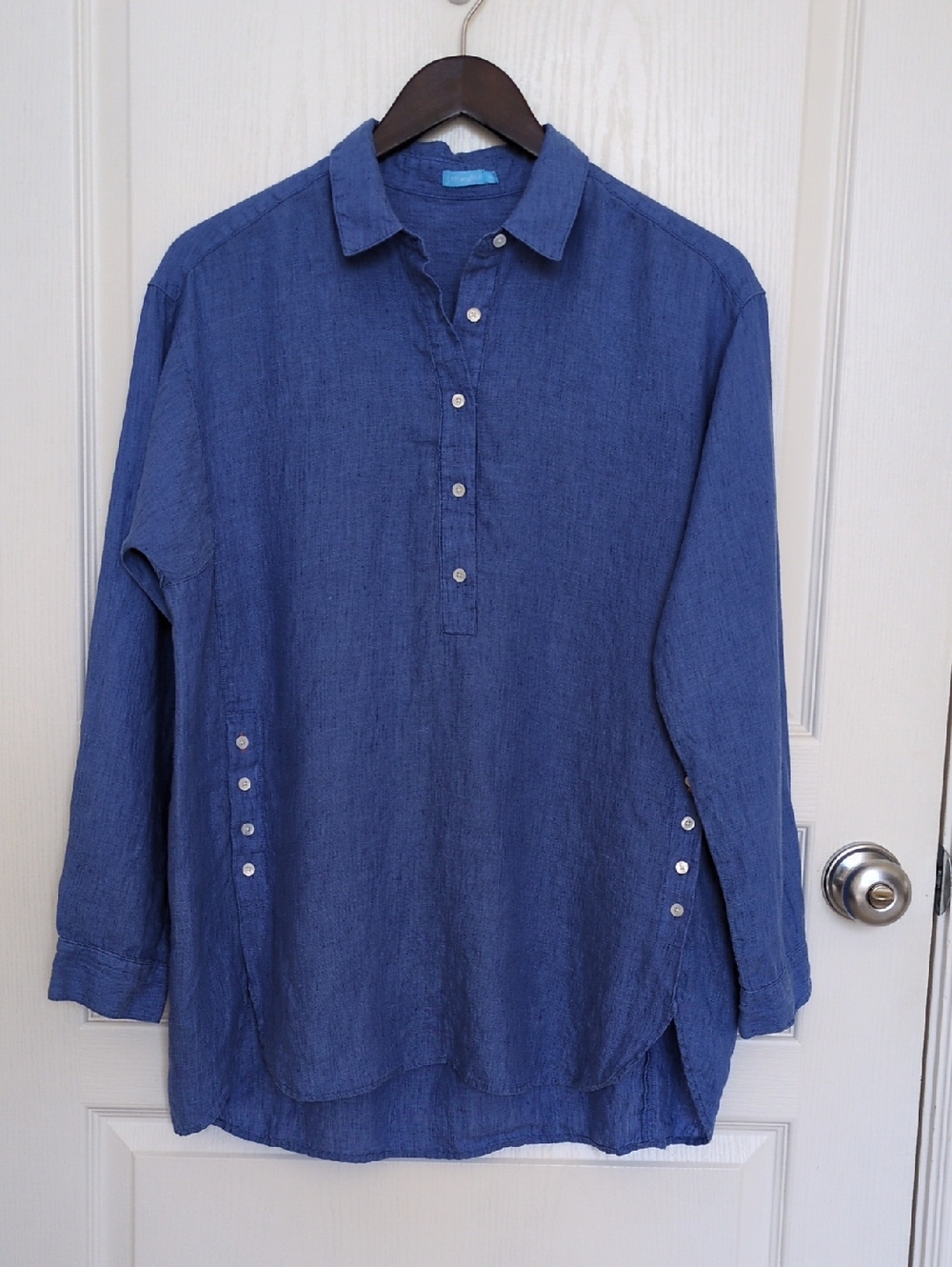 J. McLaughlin Indigo Blue Linen Button-Front Pullover Shirt - Picture 1 of 5